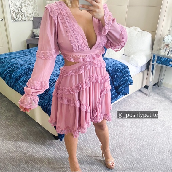 La’atiste mauve flower detail Ruffle Lace Up mini cutout strap dress - Picture 7 of 13